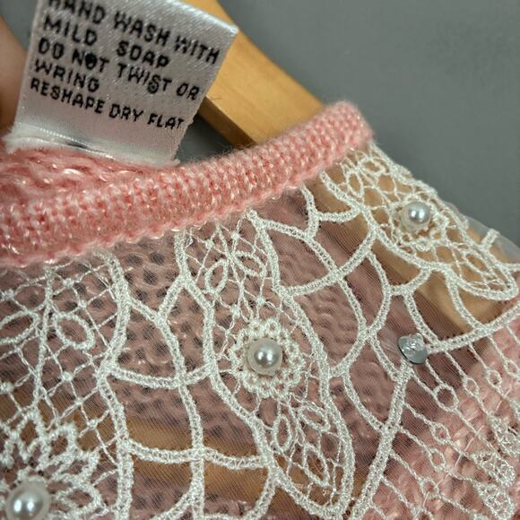 VINTAGE 1980’s Pink Sweater Coquette Pearl Beaded Fuzzy Lace Girly Soft Size M - Picture 9 of 12